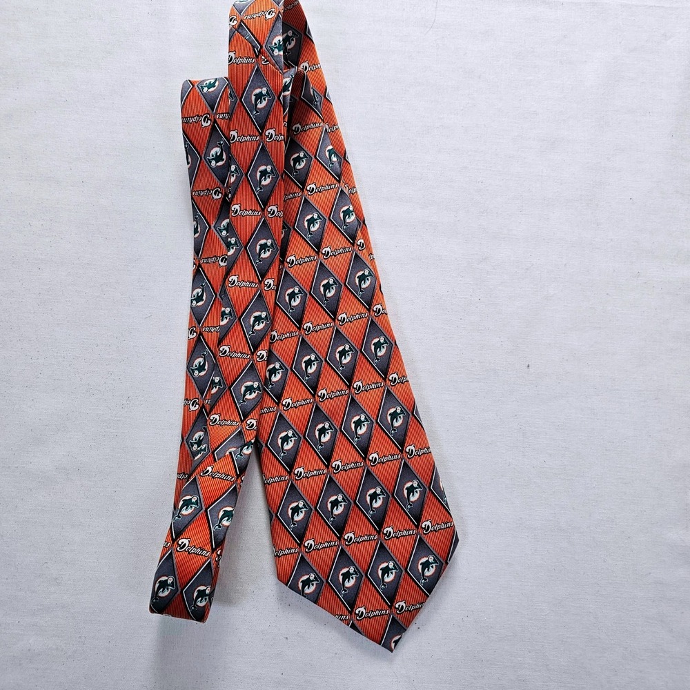 NFL Miami Dolphins Mens Silk Necktie Orange Diamond Logo Print Wide Blade